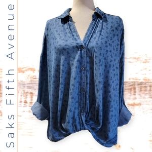 Saks Fifth Avenue Bohemian Blue Western Coastal Cowgirl Twist Front Top Blouse,L